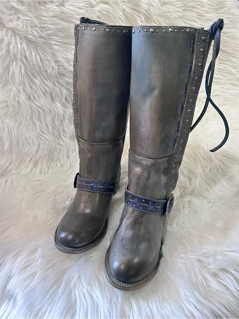 Freebird Contour Blue Studded Tall Leather Riding Boots